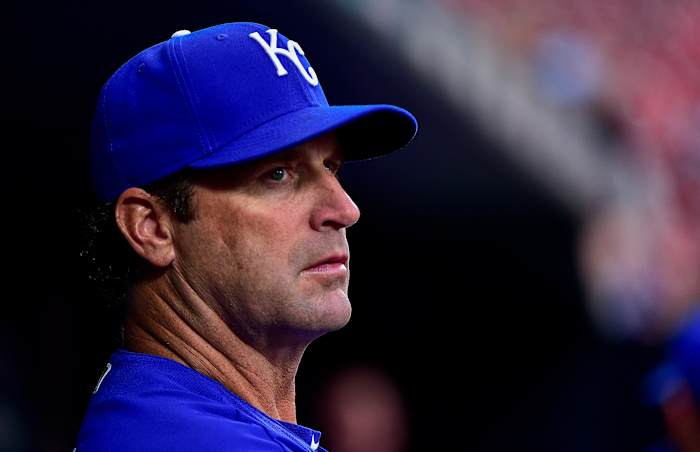 Apr 12, 2022; St. Louis, Missouri, USA; Kansas City Royals manager Mike Matheny (22) looks on from the dugout before a game against the St. Louis Cardinals at Busch Stadium. Mandatory Credit: Jeff Curry-USA TODAY Sports