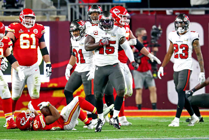 Former Tampa Bay Buccaneers linebacker Devin White (45) celebrates a play during his team's Super Bowl win over the Kansas City Chiefs in 2021.