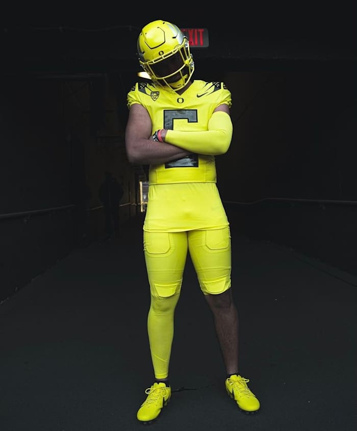 Dante Moore poses during a photoshoot on a visit to Oregon.
