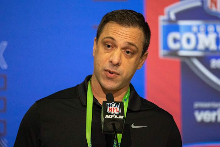 Mar 1, 2022; Indianapolis, IN, USA; Kansas City Chiefs general manager Brett Veach talks to the media during the 2022 NFL Combine. Mandatory Credit: Trevor Ruszkowski-USA TODAY Sports