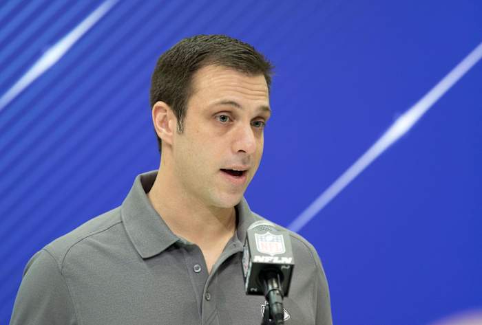 Mar 1, 2018; Indianapolis, IN, USA; Kansa City Chiefs general manager Brett Veach speaks to the media during the 2018 NFL Combine at the Indianapolis Convention Center. Mandatory Credit: Trevor Ruszkowski-USA TODAY Sports