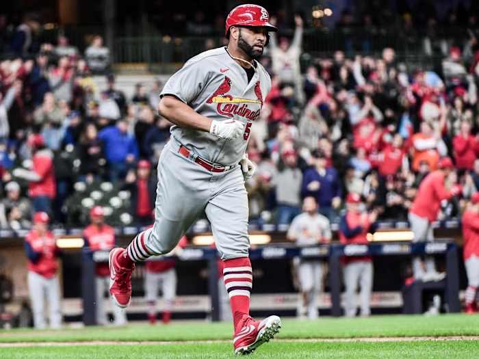 Apr 17, 2022; Milwaukee, Wisconsin, USA; St. Louis Cardinals designated hitter Albert Pujols (5) runs the bases after hitting a 3-run homer in the third inning during game against the Milwaukee Brewers at American Family Field.