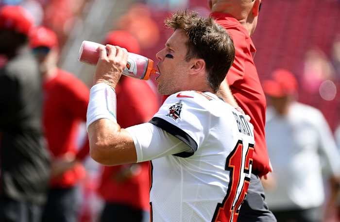 Oct 10, 2021; Tampa, Florida, USA; Tampa Bay Buccaneers quarterback Tom Brady (12) on the field before the start of the game against the Miami Dolphins at Raymond James Stadium. Mandatory Credit: Jonathan Dyer-USA TODAY Sports