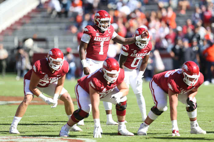 Oct 16, 2021; Fayetteville, Arkansas, USA; Arkansas Razorbacks quarterback KJ Jefferson (1) signals at the line during the first quarter against the Auburn Tigers at Donald W. Reynolds Razorback Stadium. Mandatory Credit: Nelson Chenault-USA TODAY Sports