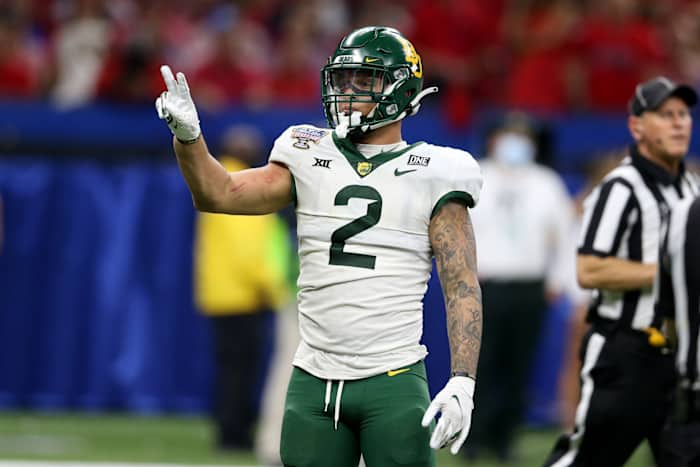 Jan 1, 2022; New Orleans, LA, USA; Baylor Bears linebacker Terrel Bernard (2) gestures after a sack against the Mississippi Rebels in the fourth quarter of the 2022 Sugar Bowl at the Caesars Superdome.