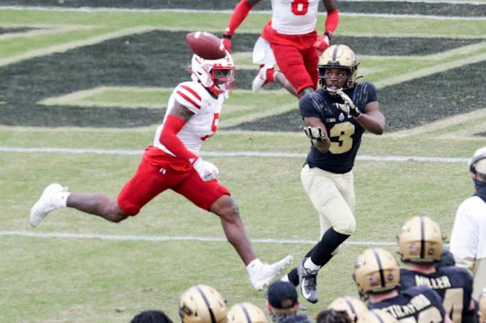 Purdue wide receiver David Bell (3) reaches out for a pass against Nebraska. © Nikos Frazier | Journal & Courier via Imagn Content Services, LLC