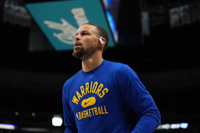 Apr 24, 2022; Denver, Colorado, USA; Golden State Warriors guard Stephen Curry (30) before the game against the Denver Nuggets prior to game four of the first round for the 2022 NBA playoffs at Ball Arena. Mandatory Credit: Ron Chenoy-USA TODAY Sport