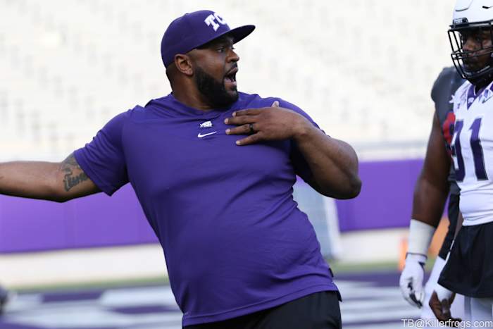 Defensive Line Coach, JaMarkus McFarland animated coaching at the TCU Spring Football Game