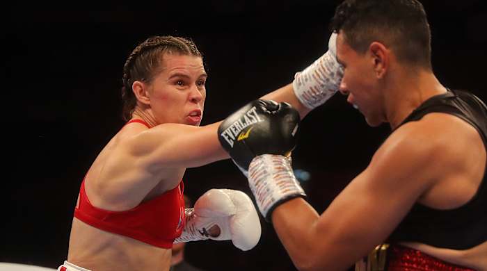 Savannah Marshall punches Daniele Bastieri during the Super-Middleweight contest between Savannah Marshall and Daniele Bastieri at The O2 Arena on August 31, 2019 in London, England.