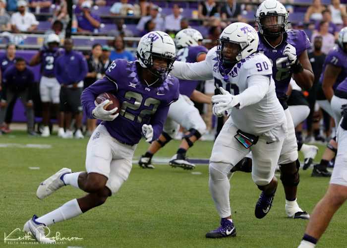 TCU Spring Football Game #22 WR Blair Conwrite and #90 DL Jaquaze Sorrels