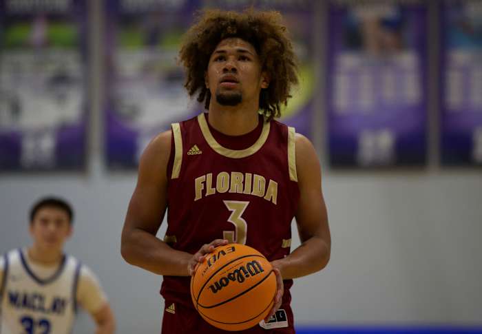 Senior guard Tre Donaldson (3) attempts a free throw in a game against Maclay on Dec. 9, 2021, at Maclay School. The Seminoles defeated the Marauders, 78-59. A03v1752