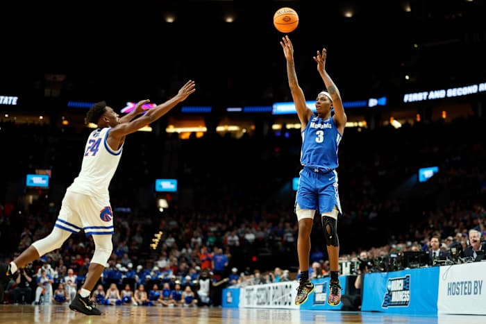 Mar 17, 2022; Portland, OR, USA; Memphis Tigers guard Landers Nolley II (3) shoots against Boise State Broncos forward Abu Kigab (24) in the second half during the first round of the 2022 NCAA Tournament at Moda Center. Mandatory Credit: Soobum Im-USA TODAY Sports