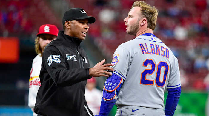 Apr 26, 2022; St. Louis, Missouri, USA;  New York Mets designated hitter Pete Alonso (20) reacts after he was hit in the head from a pitch by from St. Louis Cardinals relief pitcher Kodi Whitley (not pictured) during the eighth inning at Busch Stadium.