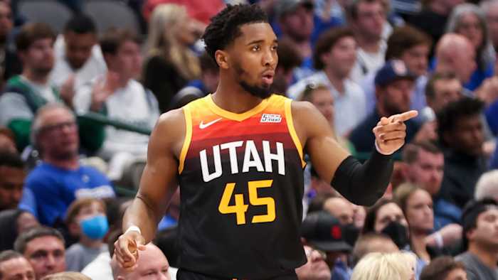 Utah Jazz guard Donovan Mitchell (45) reacts against the Dallas Mavericks during the second quarter in game two of the first round of the 2022 NBA playoffs.