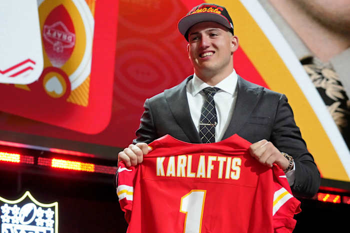Apr 28, 2022; Las Vegas, NV, USA; Purdue defensive end George Karlaftis after being selected as the thirtieth overall pick to the Kansas City Chiefs during the first round of the 2022 NFL Draft at the NFL Draft Theater. Mandatory Credit: Kirby Lee-USA TODAY Sports