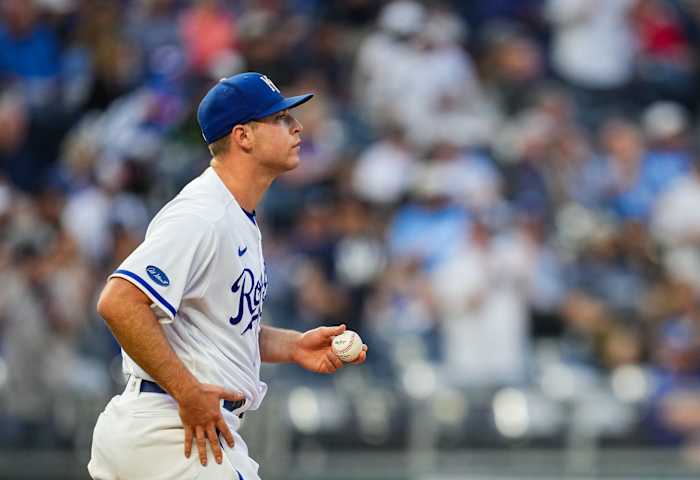 Apr 29, 2022; Kansas City, Missouri, USA; Kansas City Royals starting pitcher Kris Bubic (50) reacts after giving up a home run to New York Yankees right fielder Giancarlo Stanton (not pictured) during the first inning at Kauffman Stadium. Mandatory Credit: Jay Biggerstaff-USA TODAY Sports