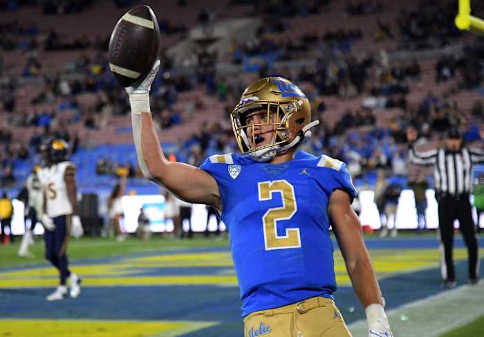 UCLA Bruins wide receiver Kyle Philips (2) celebrates after catching a touchdown pass against the California Golden Bears in the second half at the Rose Bowl.