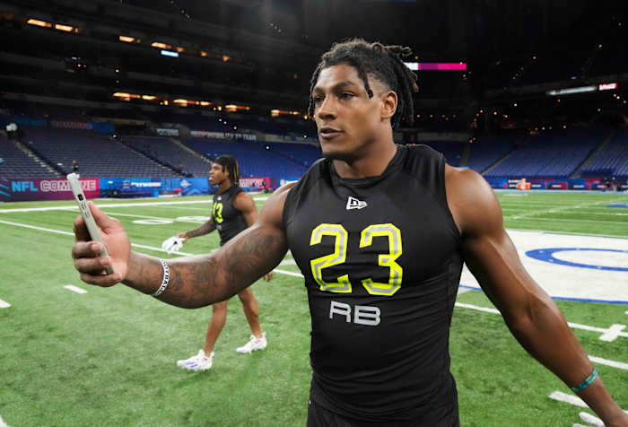 Mar 4, 2022; Indianapolis, IN, USA; Rutgers running back Isiah Pacheco (RB23) walks on the field after drills during the 2022 NFL Scouting Combine at Lucas Oil Stadium. Mandatory Credit: Kirby Lee-USA TODAY Sports