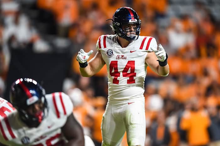 Mississippi Rebels linebacker Chance Campbell (44) playing defense during the second half against the Tennessee Volunteers at Neyland Stadium.