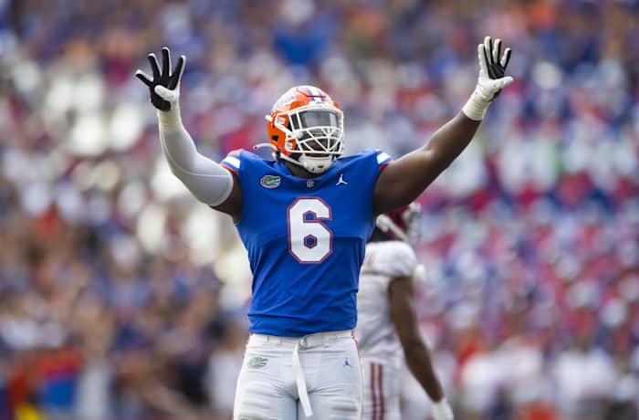 Sep 18, 2021; Gainesville, Florida, USA; Florida Gators defensive lineman Zachary Carter (6) celebrates against the Alabama Crimson Tide at Ben Hill Griffin Stadium. Mandatory Credit: Mark J. Rebilas-USA TODAY Sports