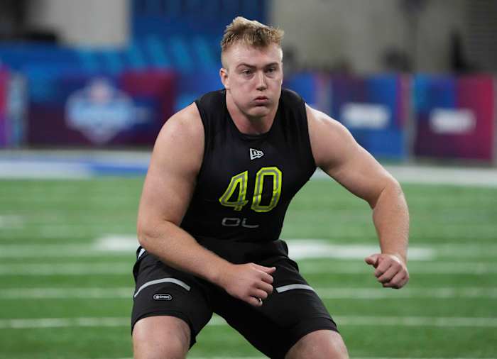 Mar 4, 2022; Indianapolis, IN, USA; Central Michigan offensive lineman Bernhard Raimann (OL40) goes through drills during the 2022 NFL Scouting Combine at Lucas Oil Stadium. Mandatory Credit: Kirby Lee-USA TODAY Sports