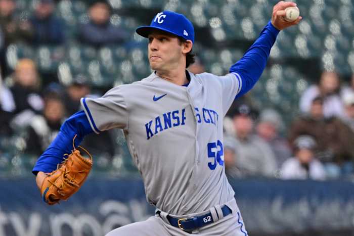 Apr 26, 2022; Chicago, Illinois, USA; Kansas City Royals starting pitcher Daniel Lynch (52) throws a pitch in the first inning against the Chicago White Sox at Guaranteed Rate Field. Mandatory Credit: Quinn Harris-USA TODAY Sports