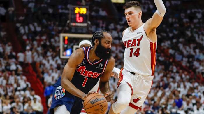 Philadelphia 76ers guard James Harden (1) moves to the basket as Miami Heat guard Tyler Herro (14) defends in the third quarter during game one of the second round for the 2022 NBA playoffs