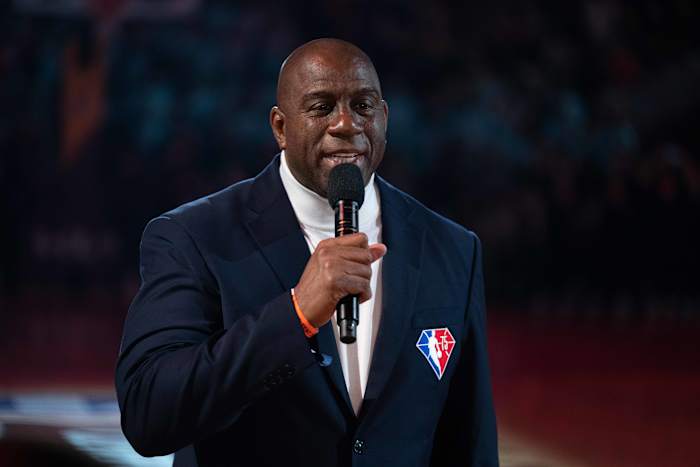 February 20, 2022; Cleveland, Ohio, USA; NBA great Magic Johnson before the 2022 NBA All-Star Game at Rocket Mortgage FieldHouse.