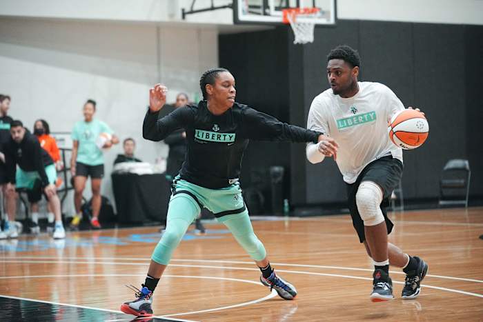 AD defending a practice player at Liberty camp