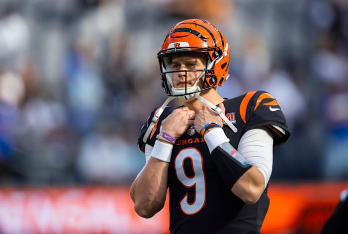 Feb 13, 2022; Inglewood, CA, USA; Cincinnati Bengals quarterback Joe Burrow (9) against the Los Angeles Rams during Super Bowl LVI at SoFi Stadium. Mandatory Credit: Mark J. Rebilas-USA TODAY Sports
