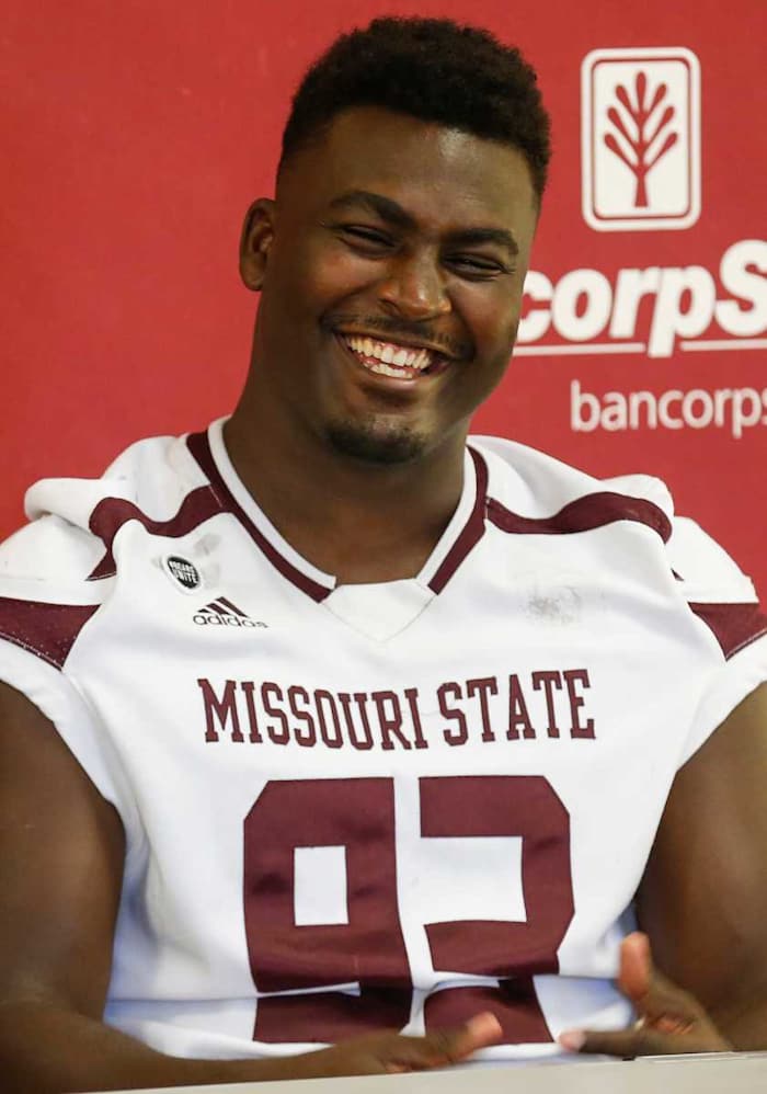 Missouri State football's Eric Johnson speaks during media day at Plaster Stadium on Saturday, Aug. 7, 2021. Mediaday106