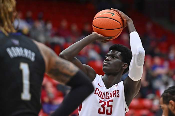Washington State Cougars forward Mouhamed Gueye (35) shoots a free throw against the Washington Huskies in the first half at Friel Court at Beasley Coliseum.