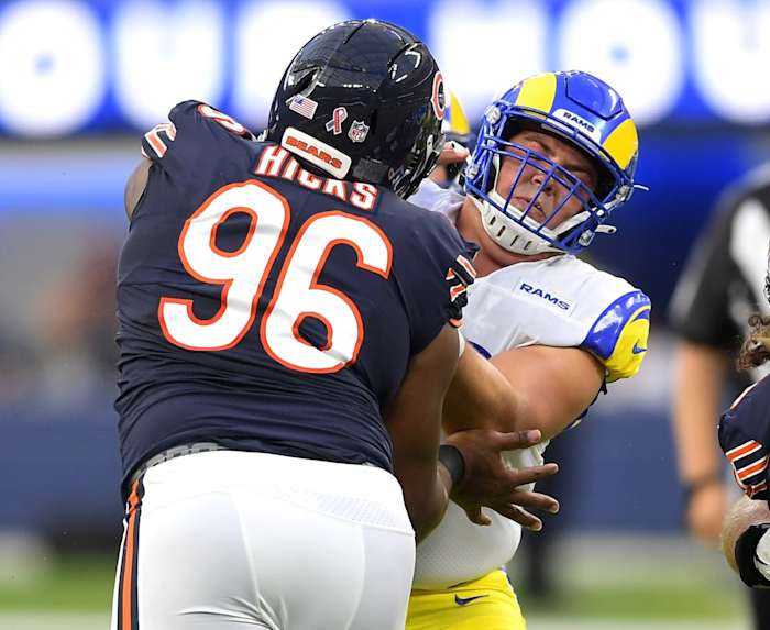 Los Angeles Rams center Coleman Shelton (65) against Chicago Bears defensive end Akiem Hicks (96). Mandatory Credit: Jayne Kamin-Oncea-USA TODAY Sports