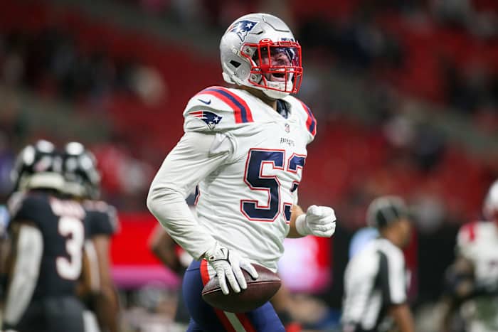 Nov 18, 2021; Atlanta, Georgia, USA; New England Patriots linebacker Kyle Van Noy (53) celebrates after an interception for a touchdown against the Atlanta Falcons in the second half at Mercedes-Benz Stadium. Mandatory Credit: Brett Davis-USA TODAY Sports