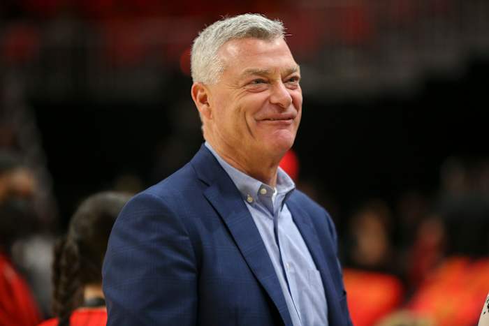 Atlanta Hawks owner Tony Ressler on the court before game four of the first round for the 2022 NBA playoffs against the Miami Heat at State Farm Arena.