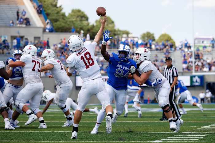 Lafayette quarterback Aaron Angelos (18) passes under pressure from Air Force defensive tackle Jordan Jackson (94). Mandatory Credit: Isaiah J. Downing-USA TODAY