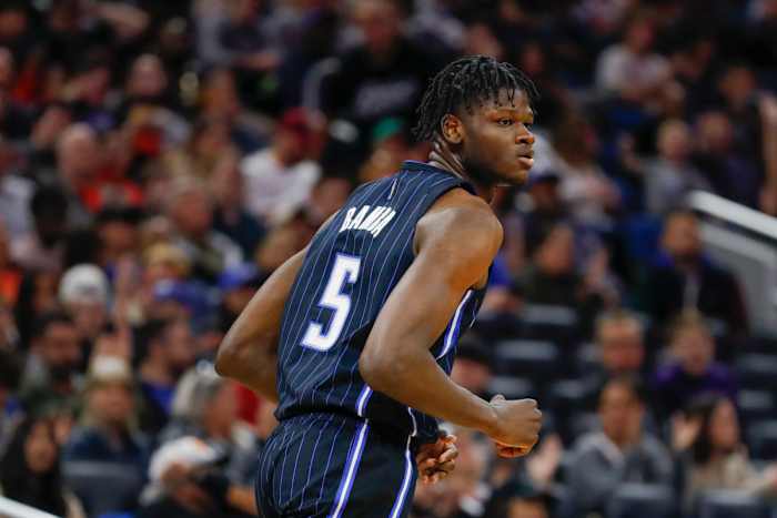 Orlando Magic center Mo Bamba (5) runs down the court after scoring against the Philadelphia 76ers during the third quarter at Amway Center.