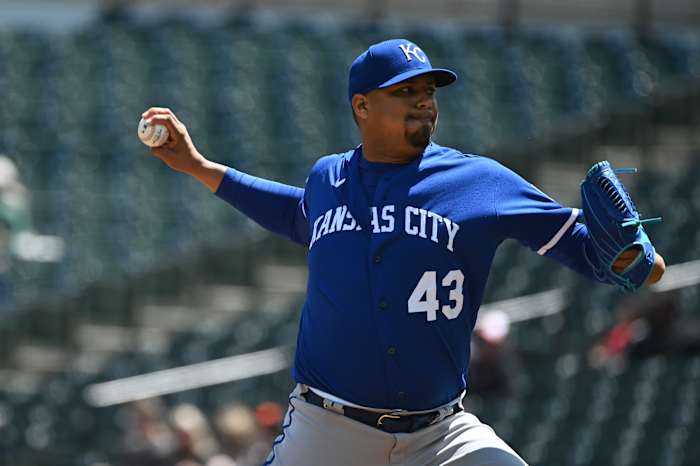May 9, 2022; Baltimore, Maryland, USA; Kansas City Royals relief pitcher Carlos Hernandez (43) delivers a first inning pitch against the Baltimore Orioles at Oriole Park at Camden Yards. Mandatory Credit: Tommy Gilligan-USA TODAY Sports