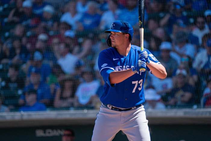 Mar 27, 2022; Mesa, Arizona, USA; Kansas City Royals designated hitter Vinnie Pasquantino (73) at bat in the second inning during a spring training game against the Chicago Cubs at Sloan Park. Mandatory Credit: Allan Henry-USA TODAY Sports