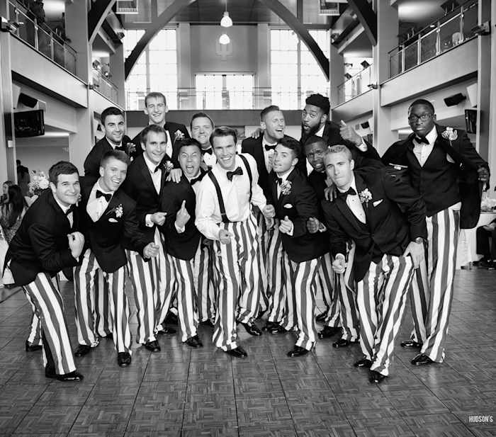 Jordan Hulls and many of his Indiana teammates at his wedding, rocking the candy stripes.