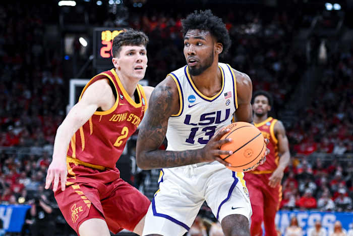 Iowa State Cyclones guard Caleb Grill (2) defends against LSU Tigers forward Tari Eason (13) in the first half during the second round of the 2022 NCAA Tournament at Fiserv Forum.