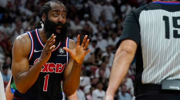 Philadelphia 76ers guard James Harden (1) reacts to a call by referee Zach Zarba (15) during the second half of Game 2 of an NBA basketball second-round playoff series against the Miami Heat, Wednesday, May 4, 2022, in Miami.