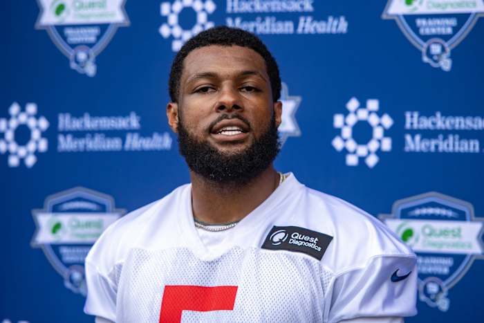 May 13, 2022; East Rutherford, NJ, USA; New York Giants linebacker Kayvon Thibodeaux (5) speaks to the media during rookie camp at Quest Diagnostics Training Center.