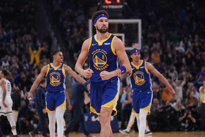 May 13, 2022; San Francisco, California, USA; Golden State Warriors guard Klay Thompson (11) reacts after making a three point basket against the Memphis Grizzlies in the second quarter during game six of the second round for the 2022 NBA playoffs at Chase Center. Mandatory Credit: Cary Edmondson-USA TODAY Sports