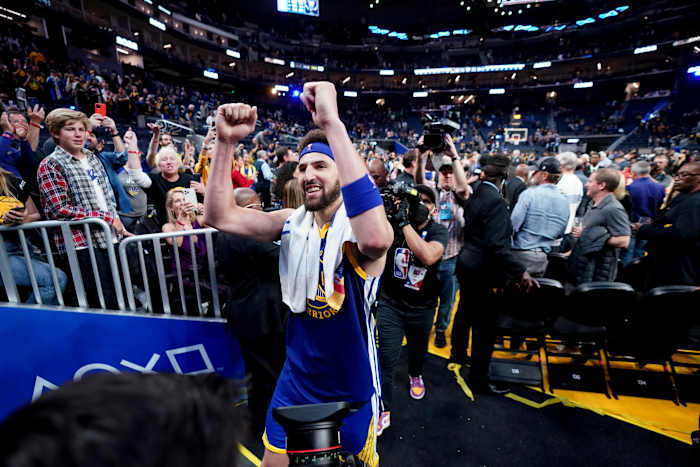 ay 13, 2022; San Francisco, California, USA; Golden State Warriors guard Klay Thompson (11) walks towards the locker room after the Warriors defeated the Memphis Grizzlies in game six of the second round for the 2022 NBA playoffs at Chase Center. Mandatory Credit: Cary Edmondson-USA TODAY Sports