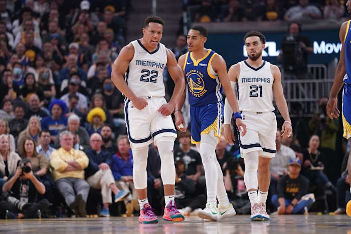 May 13, 2022; San Francisco, California, USA; Memphis Grizzlies guard Desmond Bane (22) flexes after blocking the shot attempt of Golden State Warriors guard Jordan Poole (3) in the second quarter during game six of the second round for the 2022 NBA playoffs at Chase Center. Mandatory Credit: Cary Edmondson-USA TODAY Sports