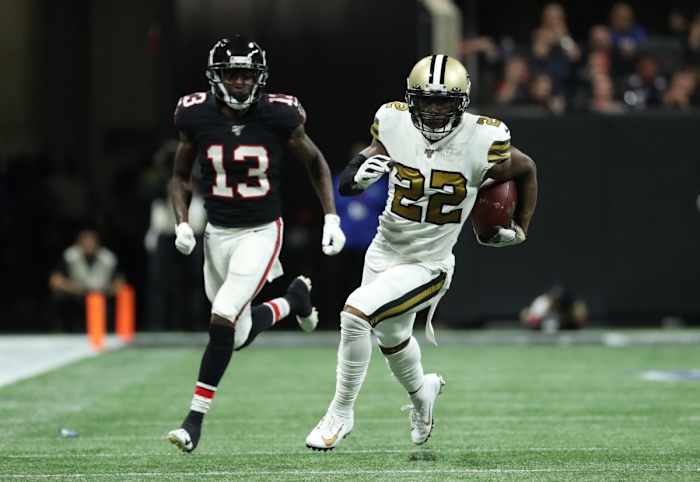New Orleans Saints defensive back Chauncey Gardner-Johnson (22) returns an interception against the Falcons. Mandatory Credit: Jason Getz-USA TODAY