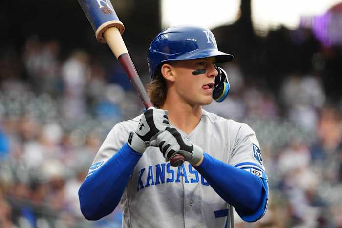 May 13, 2022; Denver, Colorado, USA; Kansas City Royals shortstop Bobby Witt Jr. (7) before the game against the Colorado Rockies at Coors Field. Mandatory Credit: Ron Chenoy-USA TODAY Sports