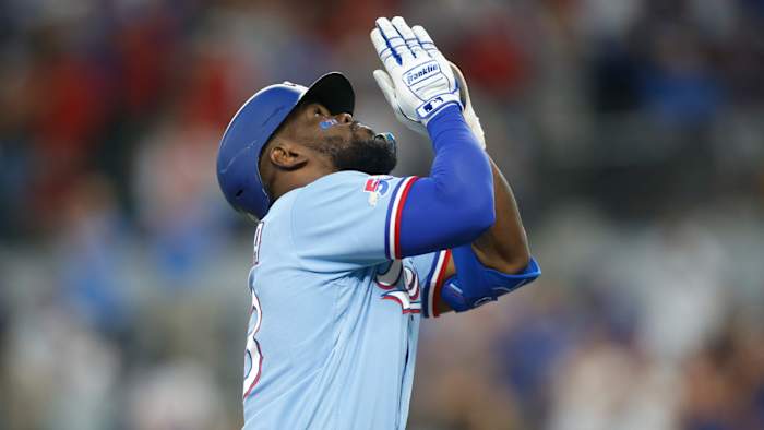 May 15, 2022; Arlington, Texas, USA; Texas Rangers center fielder Adolis Garcia (53) reacts as he rounds the bases after hitting a home run against the Boston Red Sox in the sixth inning at Globe Life Field.