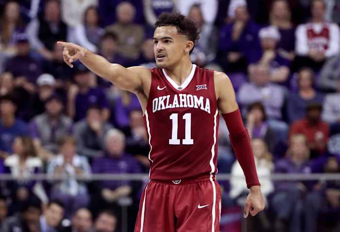 Oklahoma Sooners guard Trae Young (11) reacts during the second half against the TCU Horned Frogs at Ed and Rae Schollmaier Arena.